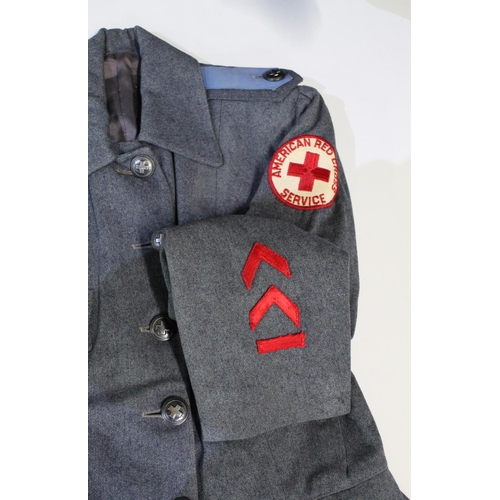 116 - Two American Red Cross service tunics in serge and cotton with insignia, and American nurses cape (3... 