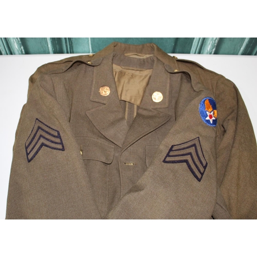 123 - Three US four pocket tunics with insignia, one with sergeant stripes and insignia, brass lapel butto... 