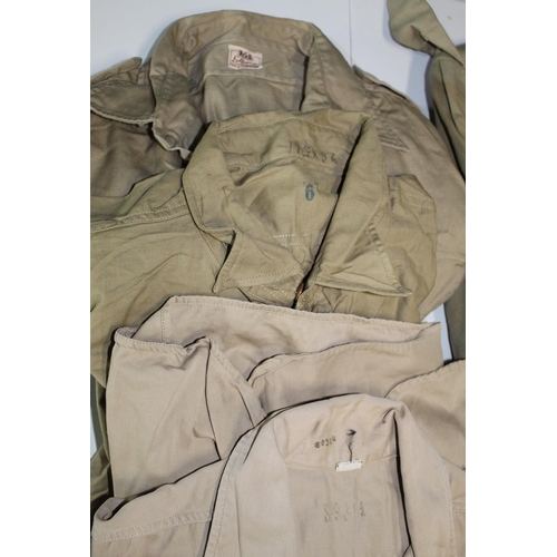 127 - Set of three cotton military shirts, one by Elbeco, and military desert tunic with brass belt buckle... 