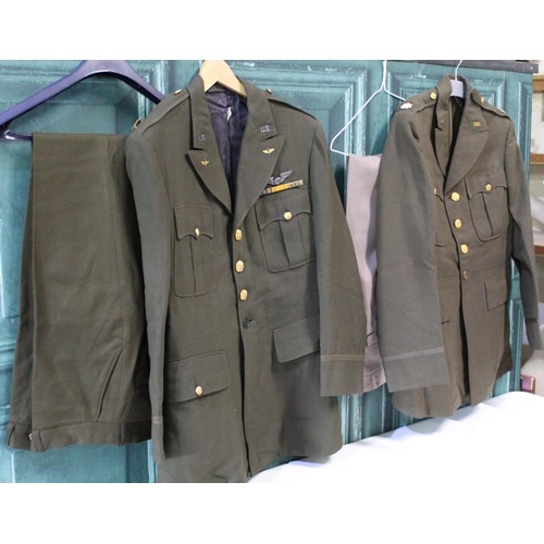122 - Two US airforce uniforms with brass buttons, lapel insignia, silver wings and medal ribbon