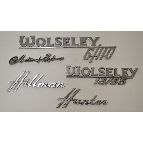 572 - Five vintage chromed car manufacturers signs including Wolsey 6/110, Hillman Hunter, Austin of Engla... 