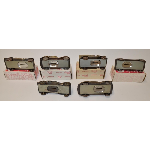 661 - 6 US made bronze car model coin boxes, 4 boxed. Average length approx 17cm.