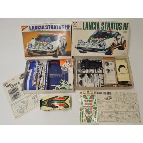 676 - 6 plastic model cars: 2x 1/24 Lancia Stratos, 1 built the other has just been started, 1x 1/24 Airfi... 