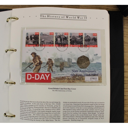 805 - Selection of FDC albums including Silver Jubilee with coin commemoratives, History of WW2 with coins... 