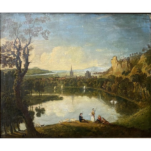 1349 - Continental School (early C19th); Shepherd and fisher folk in an extensive river landscape, a town b... 