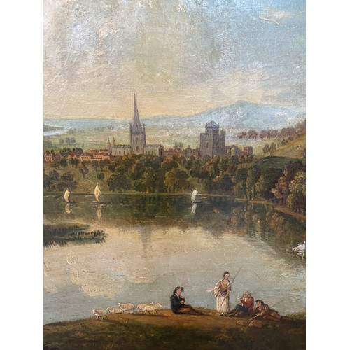 1349 - Continental School (early C19th); Shepherd and fisher folk in an extensive river landscape, a town b... 