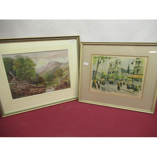 25 - English School (early C20th); River landscape with figures, gouache, 20.5cm x 29cm, and a chromolith... 
