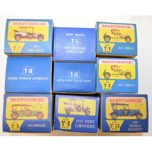 690 - Nine vintage boxed Matchbox and Lesney diecast model vehicles including two 1913 Cadillacs, 1910 Ben... 