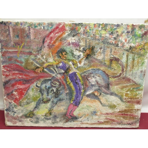 37 - Spanish School (C20th); The Bullfight, oil on canvas laid on board, indistinctly signed, unframed, 4... 