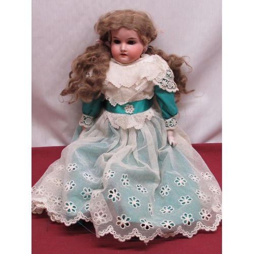 888 - Gebruder Kuhlenz 170K 238 bisque headed doll with curly blonde wig and teal satin dress with lace ov... 