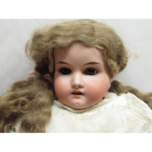 888 - Gebruder Kuhlenz 170K 238 bisque headed doll with curly blonde wig and teal satin dress with lace ov... 