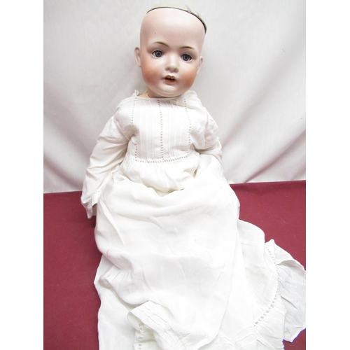 890 - Bahr & Proschild 585/14 bisque headed doll, wearing white christening gown, H56cm