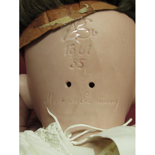 891 - Alt Beck & Gottschalk bisque headed doll, stamped 1361/55  60, wearing short brown wig and christeni... 