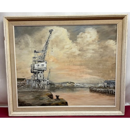 49 - W.A. Crocker (British, C20th); 'River Tees from the Transporter - Middlesbrough’, oil on canvas, 44c... 