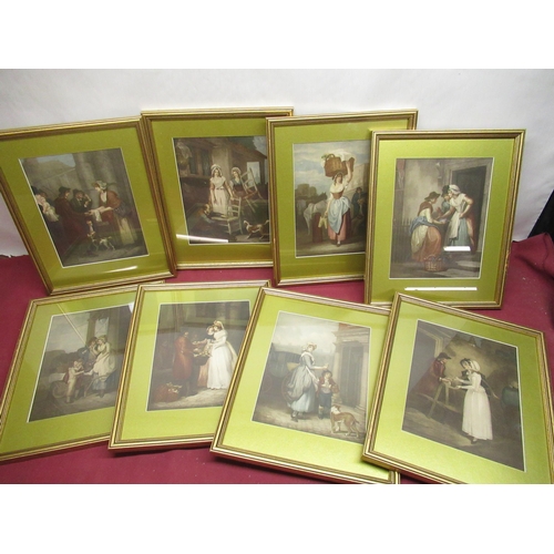 51 - Set of eight framed and mounted prints of 18th Century street scenes with sheet music to verso, 24cm... 