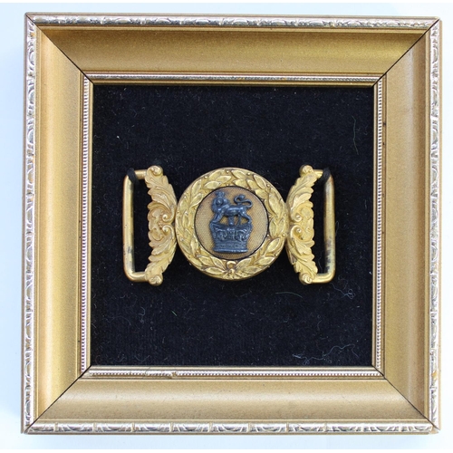 32 - C19th Victorian British Army Officers levee gilt bronze belt buckle, mounted and framed