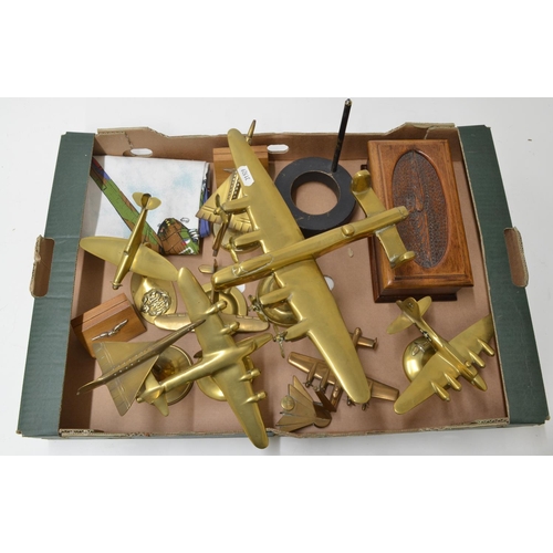 459 - Cast brass model airplanes including a Lancaster, Sunderland, Spitfire etc, and a cigar box with han... 