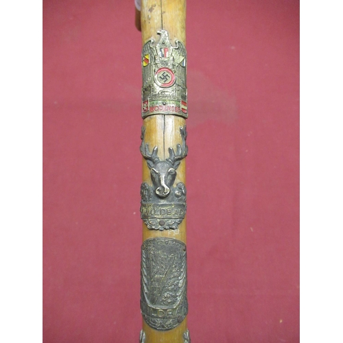 90 - Mid C20th Alpine type walking stick mounted with German/Austrian badges and crest badges incl two Ge... 