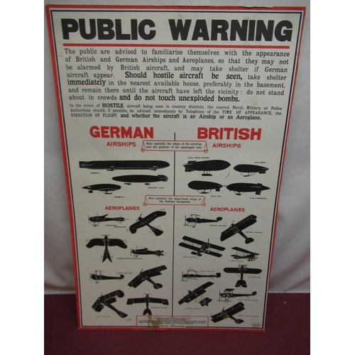 95 - Framed and mounted public warning poster, aircraft recognition for German and British airships and a... 