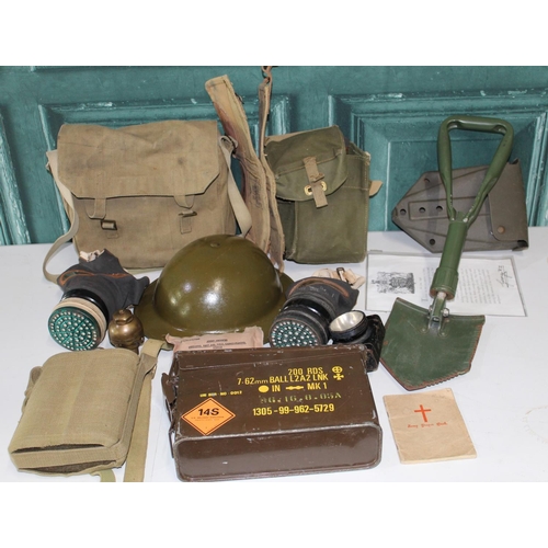 205 - Military WWII & later field equipment including Brodie helmet, cased gas mask and two other gas mask... 