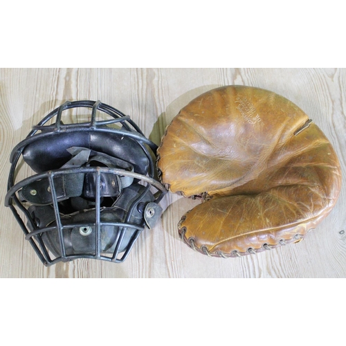 212 - Vintage American baseball backstop catchers mitt and face guard with chin and head padding