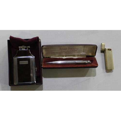 224 - Cartier flip up lighter, gold plated marked with Paris, serial no. 39412G, Ronson pencilighters in o... 