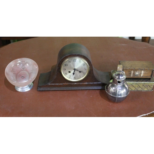 275 - c.1930 mantel clock, EPNS hot water jug, cut glass bowl with pink hue on aluminium stand, musical Ta... 
