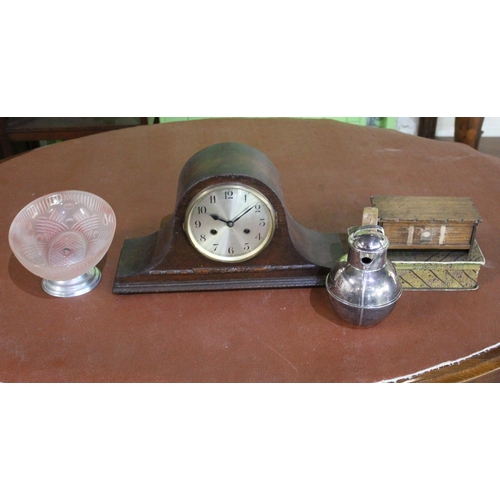 275 - c.1930 mantel clock, EPNS hot water jug, cut glass bowl with pink hue on aluminium stand, musical Ta... 