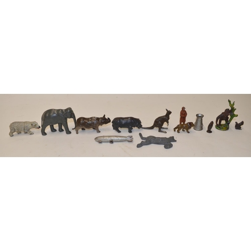 483 - Vintage hollow lead animal figures including elephant, rhino, hippo, kangaroo etc. Also a vintage Br... 