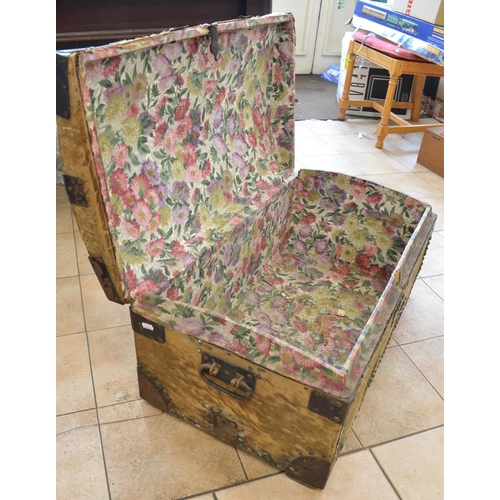 486 - Vintage fur covered wood trunk with metal fittings, floral paper inside, external W43cm L76cm H36cm