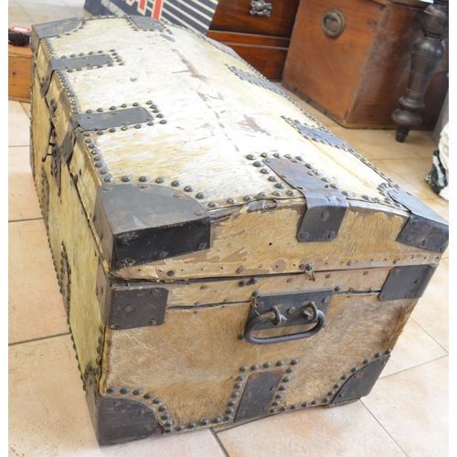 486 - Vintage fur covered wood trunk with metal fittings, floral paper inside, external W43cm L76cm H36cm