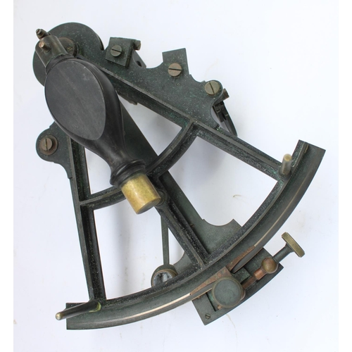 433 - C19th black japanned metal and brass nautical octant, set in original wooden case , makers label wit... 