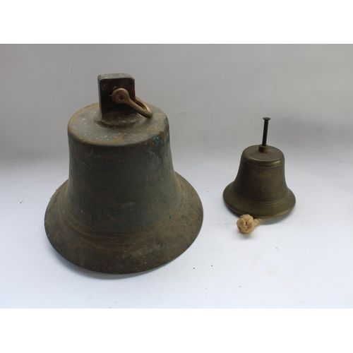 443 - C19th Solid bronze cast bell (very heavy) H30cm, together with a smaller early C20th cast metal bell