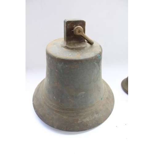 443 - C19th Solid bronze cast bell (very heavy) H30cm, together with a smaller early C20th cast metal bell