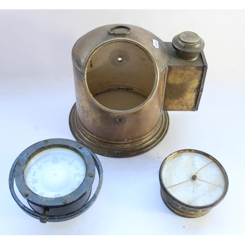 447 - WW2 period black metal ships gimbal compass, a brass case for a gimbal compass and a brass ships bar... 