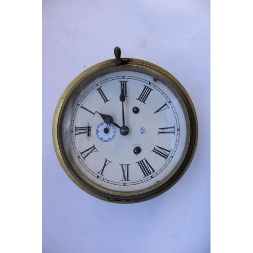 448 - Mid C20th brass ships clock, Roman Numerals on printed card face, diameter of face 16cm (hinge A/F)