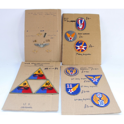 51A - Selection of WW2 US military badges and patches, including USAAF Officers set, Armoured Div. cloth p... 