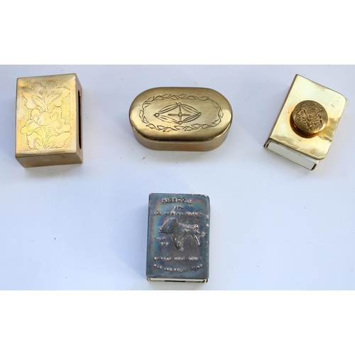 71 - Two trench art matchbox holders and a trench art snuff box, and a WW1 matchbox embossed with Indian ... 