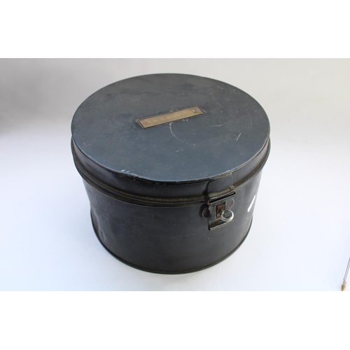 72 - WW2 period galvanized tin hat box, named for R. M. Barker, W27cm