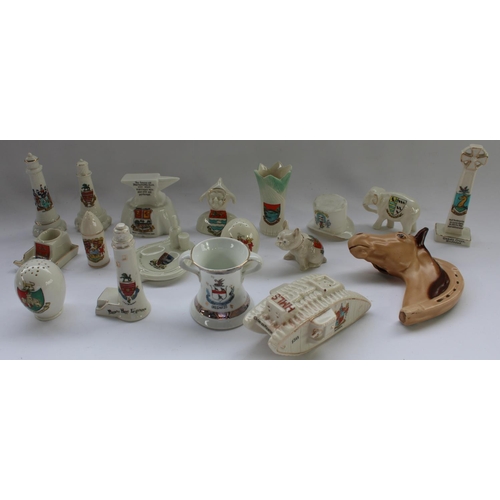 80 - Selection of Crested China and a horse wall plaque, incl. a Carlton Ware Mk. 5 tank with crest for R... 