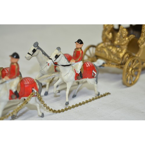 407 - Britain’s 1953 Queen Elizabeth II gold coronation coach and 2 Coldstream sentry guards with sentry p... 