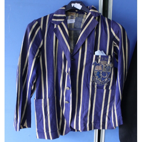 311 - St Blaize blue striped wool blazer, with coat of arms on breast pocket with dates 1929 - 30 - 31, S.... 