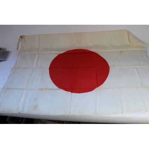 359 - Silk Japanese flag 100cm 67cm, and a Sake cup with naval motif (2)