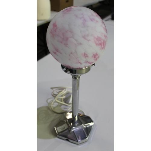 277 - Chrome base lamp with glass dome shade, with pink flame effect H17