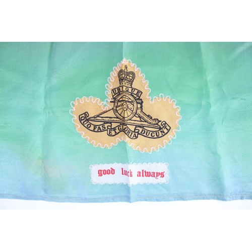 75 - WW1 period Royal Artillery silk sweetheart kerchief in green with lace trim and printed RA emblem wi... 