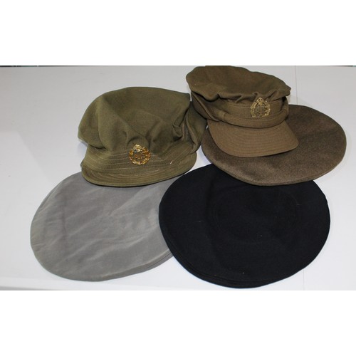 155 - Two ATS NCOs cap with insignia and three berets