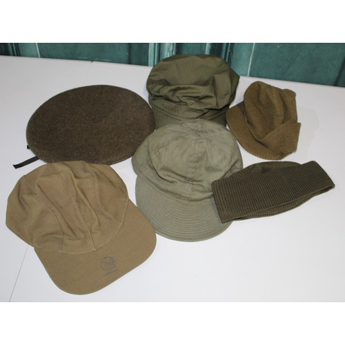 156 - Two General purpose caps, a wooly jeep cap, a Flying cap with leather sweat band, British Beret, WW2... 