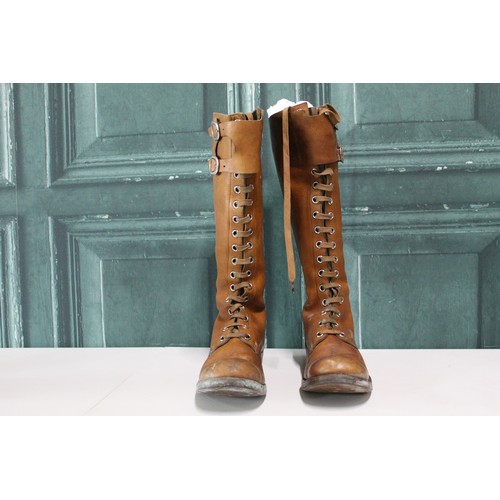173 - Dispatch riders knee length boots with laces and buckle fastening, approx. size 9