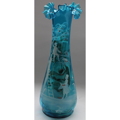 280 - Clear glass oil lamp vase, Art Deco Mary Gregory blue vase with painted picture depicting apple pick... 