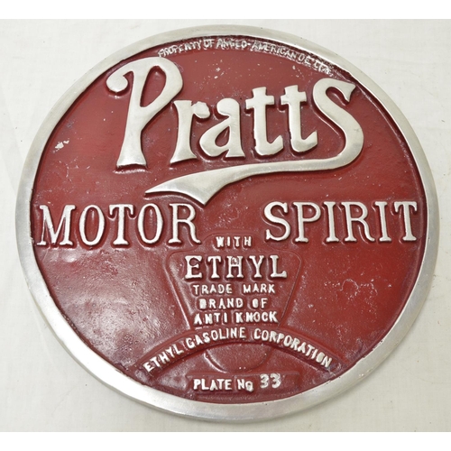 555 - Cast iron sign for Pratt's motor spirit Ethyl Gasoline Corporation, plate number 33, D27cm